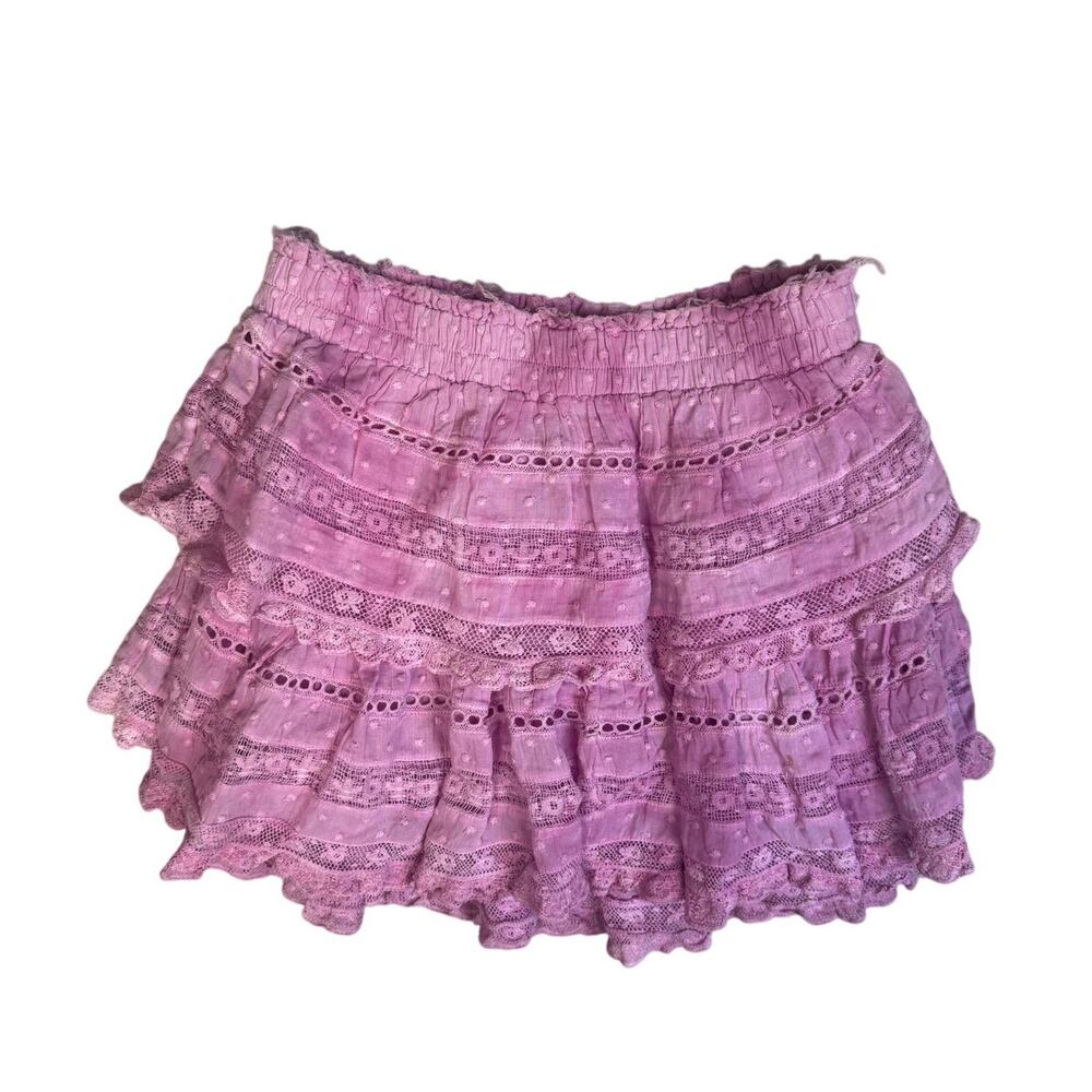 LoveShackFancy Ruffle Mini Lace Skirt Pink Purple Tie Dye Cotton XS
